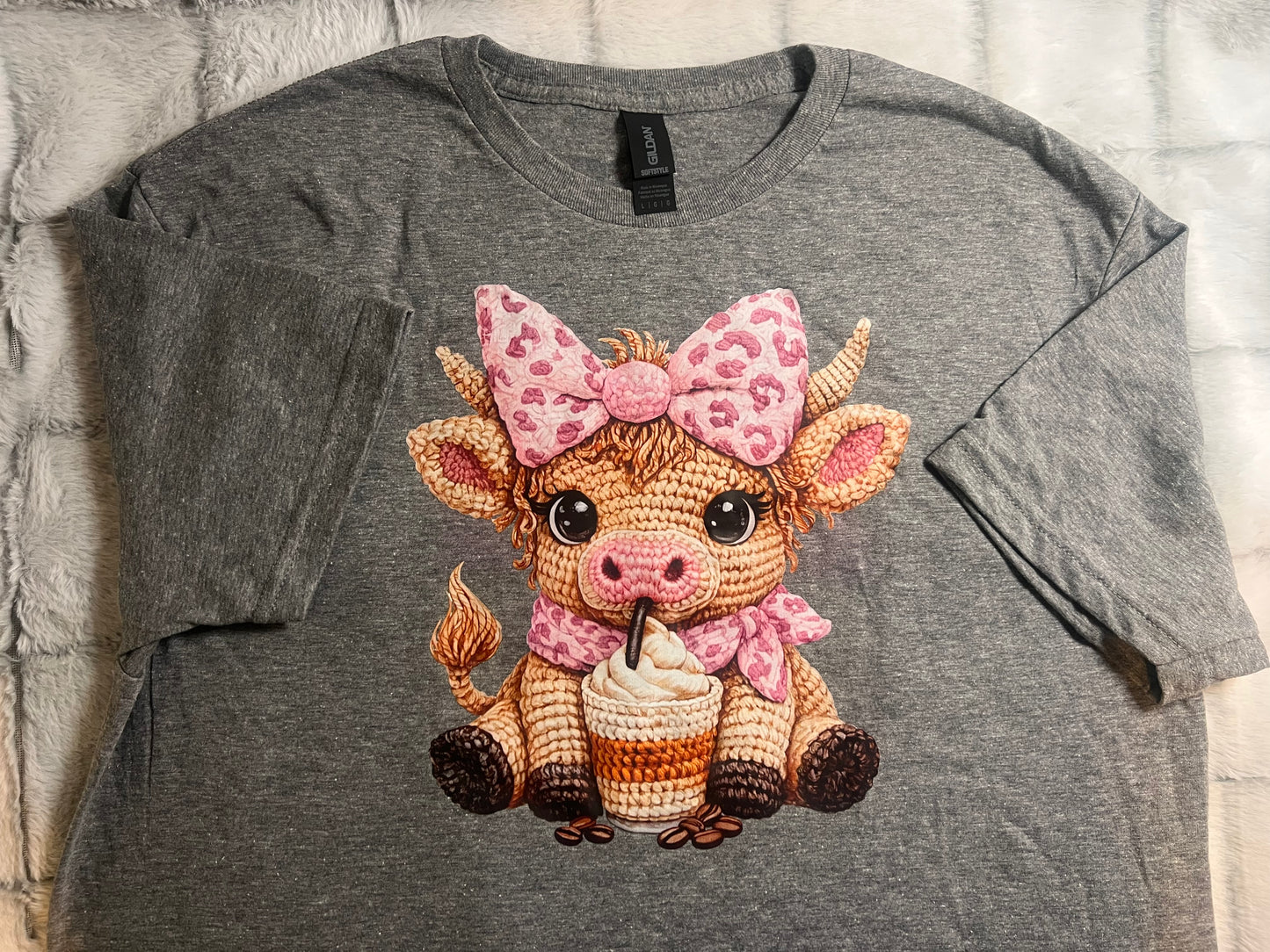 “Highland Cow with Drink” Gray Short Sleeve