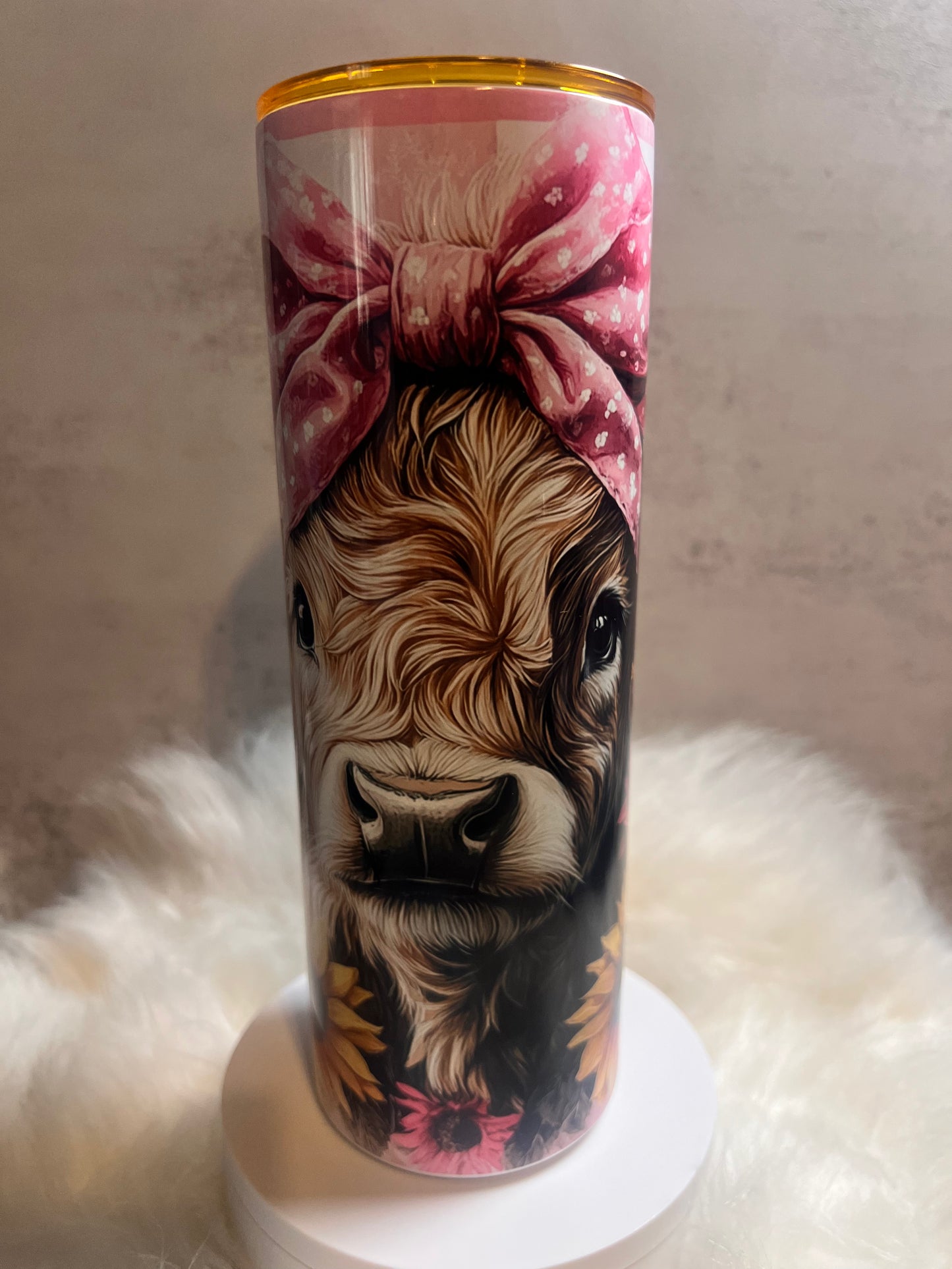 Highland Cow with Pink Bow and Orange Lid