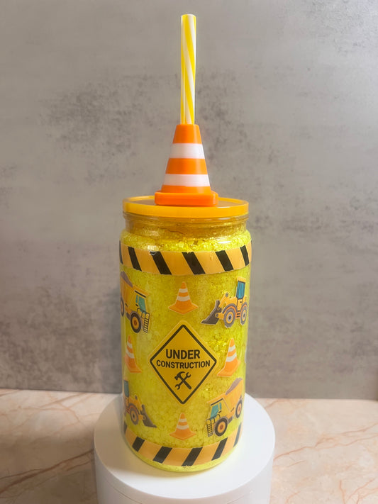 Construction yellow tumbler with Orange Lid and Cone straw topper