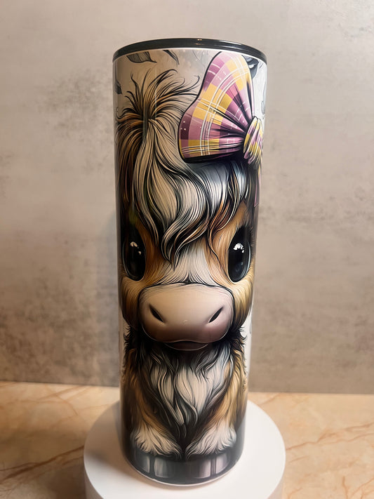 Highland Cow with Pink & Yellow Bow with Black Lid