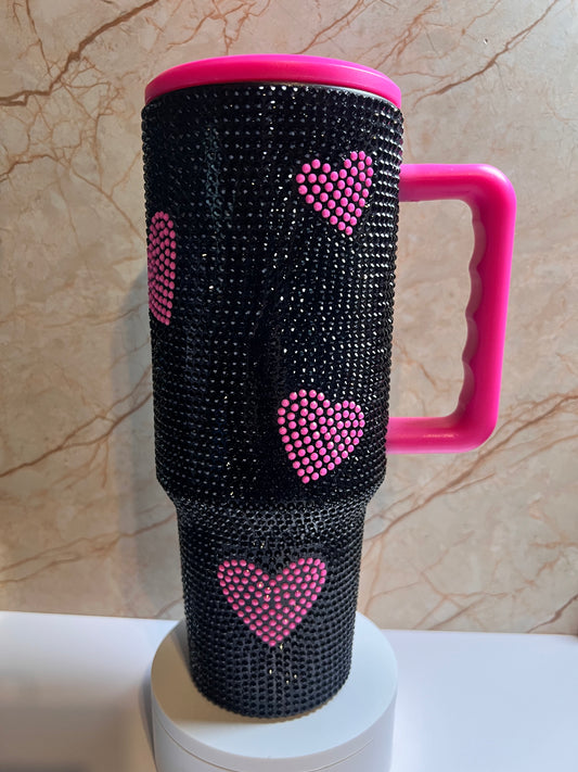40oz Black & Pink Heart Bling